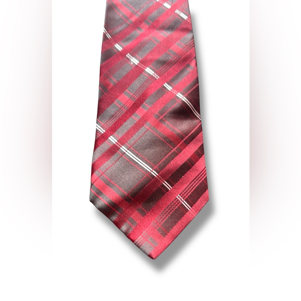Claiborne Men's Silk Tie Red Pink Gray Diagonal Plaid